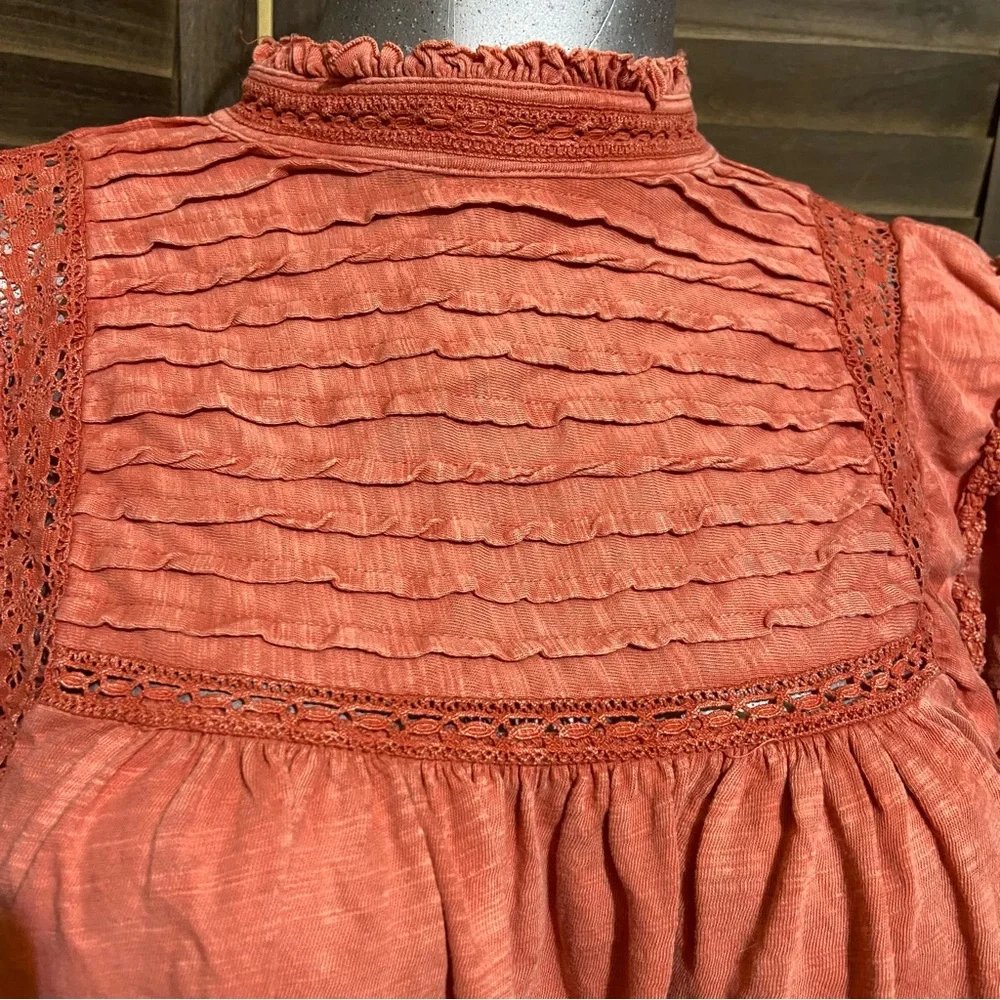Free people Le Femme Boho Ruffled Peasant Blouse Top Oversized XS Milkmaid Mock